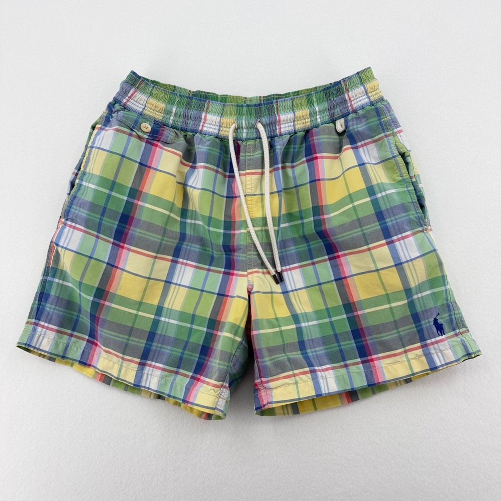 Polo Ralph Lauren Yacht Club Swim Trunks Mens Med Madras Plaid Lined Shorts 2008